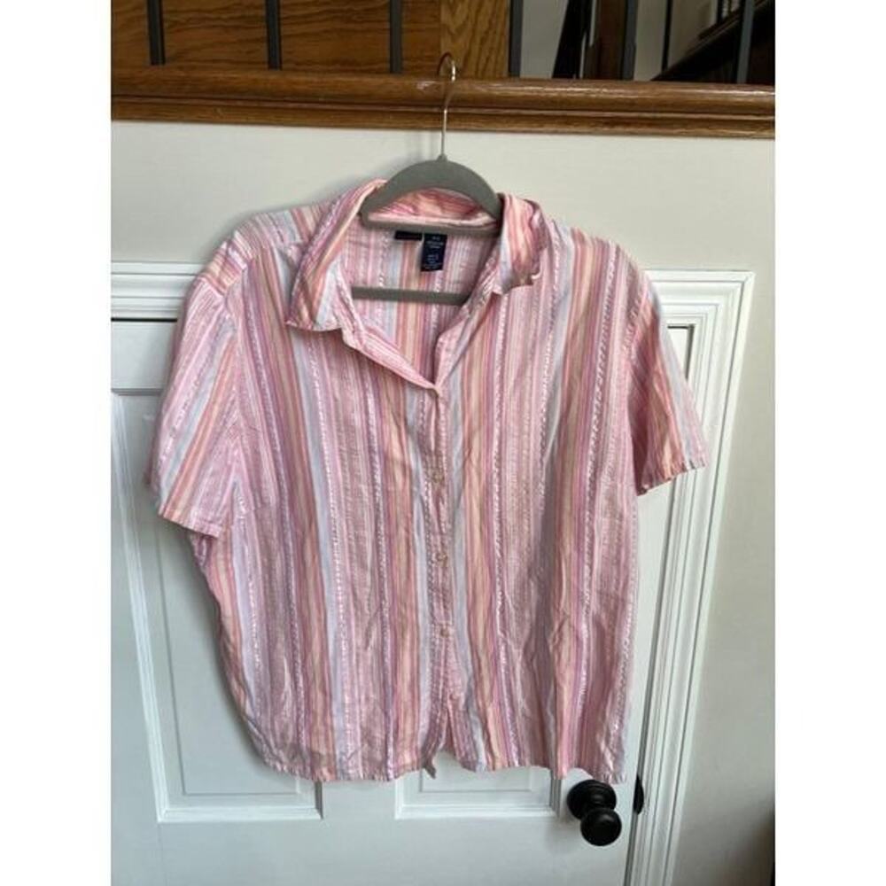 Basic Editions Womens Size 2X Blouse Short Sleeve V-Neck Button Front Blue Strip